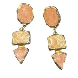 VTG Abstract Stone Dangle Earrings – Gold Tone Geometric Drop – 1980s